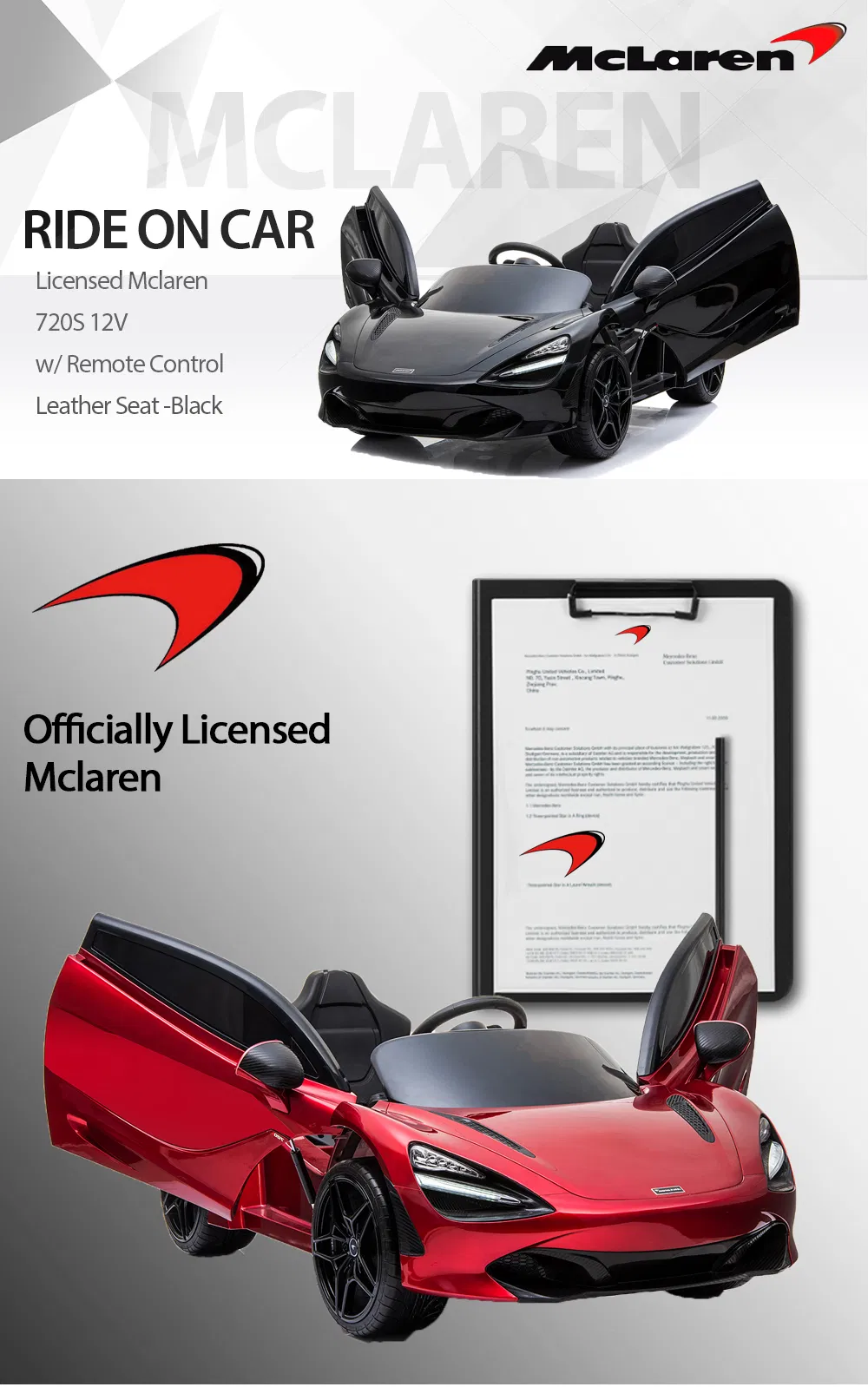 Licensed Mclaren 720s Red Ride on Car with Music Effects